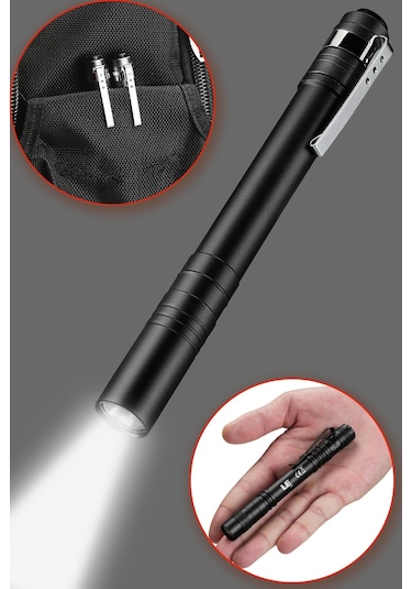 3 Mod Şarjlı Led Kalem Tipi El Feneri Zoomlu Flaşörlü Polis Feneri 5 Watt Beyaz Işık 300 Lümen Siyah