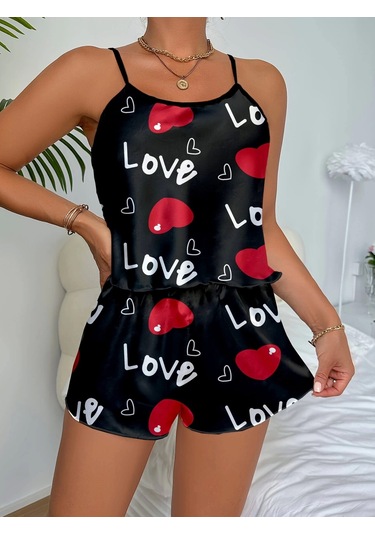 Aşk Temalı Kalp Desenli Siyah Saten Şortlu Gecelik Takım Siyah