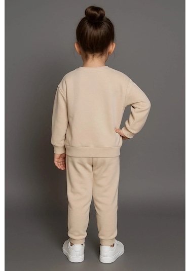 Kız Çocuk %100 Pamuk Gül Baskılı Eşofman Takımı Bej