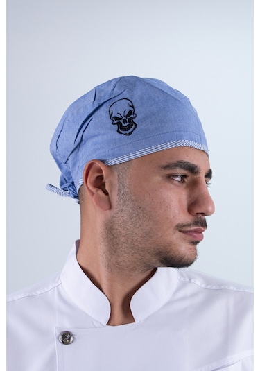 Chef Bone Kep Aşçı Şef Şapkası Kuru Kafa Desenli Mavi Çok Renkli