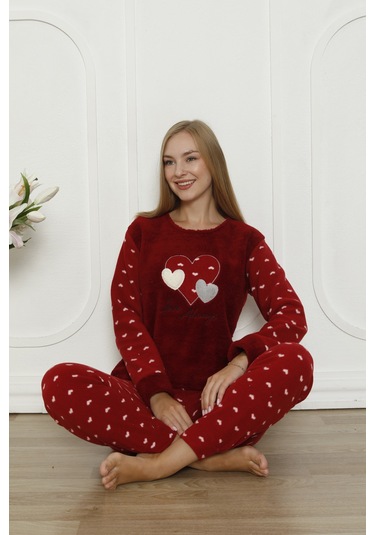 Fawn 3316 Peluş Welsoft Polar Kışlık Yumoş Kalpli Kadın Pijama Takımı Bordo