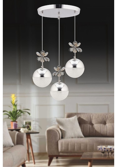 Kelebek 3'lü Krom Sarkıt 3 Renk Modu Ledli Kristal Taşlı Modern Led Avize Krom