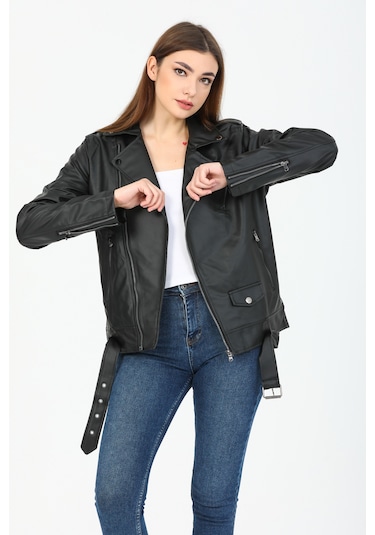 Kadın Siyah Oversize içi Kürklü Kemerli Biker Deri Ceket Siyah