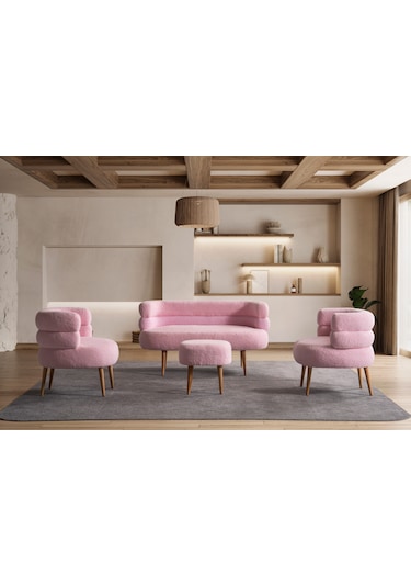 Barel Özel Tasarım Çay Seti Koltuk Takımı,berjer Ve Puf Ofis Balkon Cafe Bahçe Salon Mobilyası 4 Lü Takım Pembe Pembe