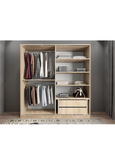 Star Sürgü Kapaklı Gizli Çekmeceli Dolap Gardırop Meşe 160 Cm