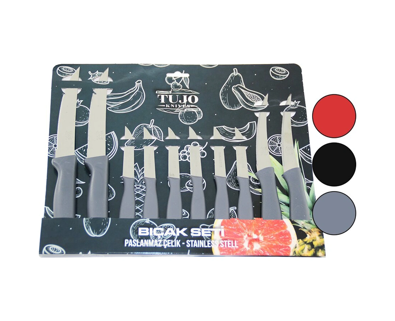 10lu Tırtırlı Bıçak Seti 2ad 12.5cm Ekmek 2ad 10cm Sebze 6ad 6.5cm Meyve Ahşap - Kırmızı