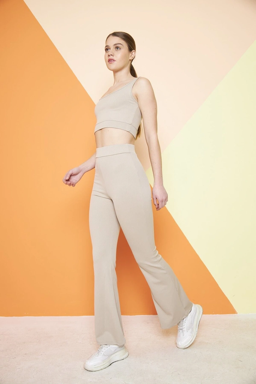 Siyah Yüksek Bel Fitilli Ispanyol Paça Interlok Örme Kadın Tayt Bej