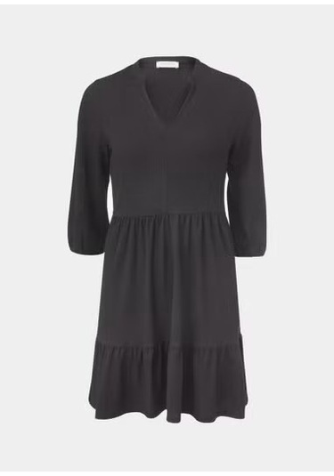 Kadın Siyah Jarse V Yaka Truvakar Kol Mini Elbise 2475 Siyah