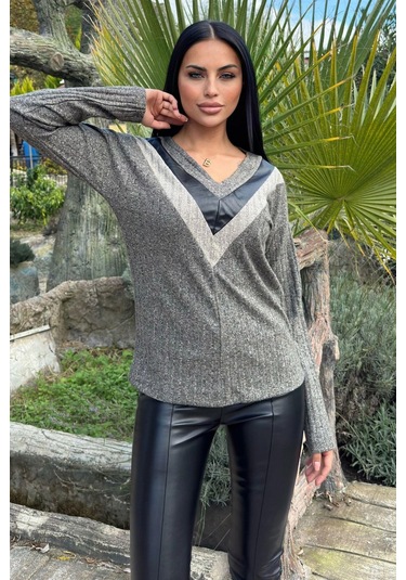 Haki & Antrasit Deri Kontrastlı V Yaka Kaşkorse Kazak Haki