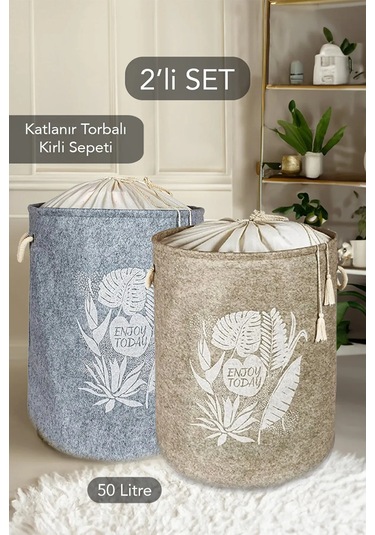 2'li Keçe Torbalı Çamaşır Toplama Sepeti 50x35 Q Karışık