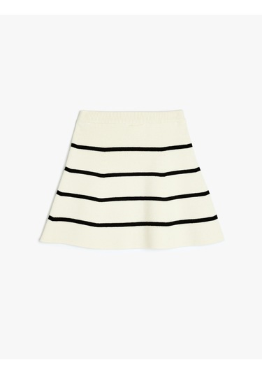 Koton Viskon Karışımlı Beli Lastikli Çizgili Triko Etek Ekru Çizgili 5wkg90057ht Ekru Çizgili Ekru