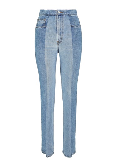E L V Denim Iki Renkli Düz Kesim Kot Pantolon Orta Mavi