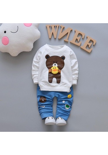 Beyaz Çocuk Sonbahar Karikatür Ayı Kucaklama Küçük Sarı Ördek Seti Yeni Rahat Kore Versiyonu Çocuk Erkek Ve Kız Pamuk Iki Parçalı Beyaz