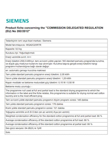 Siemens iQ500 WQ42G20RTR 9 KG Isı Pompalı Kurutma Makinesi