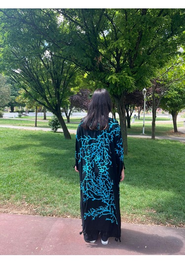Turkuaz Dallı Desenli Siyah Bağlamalı Salaş Kimono Kaftan - Standart Beden Turkuaz