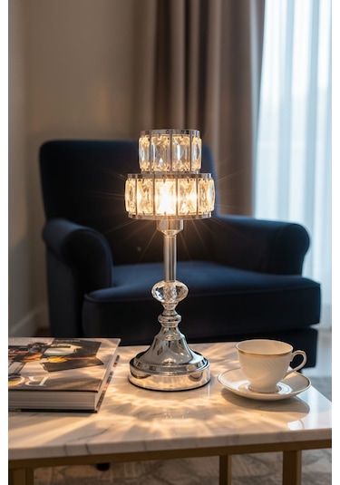 Kristal Dekoratif Taşlı Abajur Gümüş Frk178b