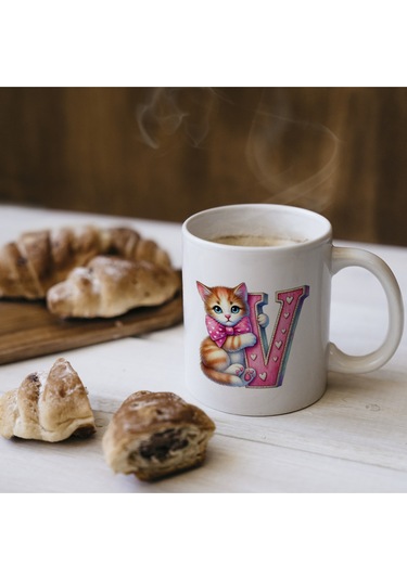 V Harfli Bardak, Sevimli Kedili Pembe Tasarım Bardak, Arkadaşa Aileye Hediye Porselen Beyaz