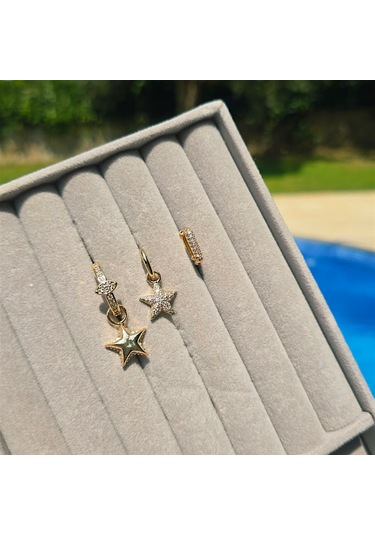 Taşlı Balon Yıldız Üçlü Çelik Küpe Gold