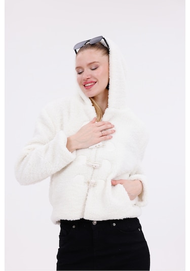 Kapüşonlu Düğmeli Peluş Mont - Kadın Beyaz