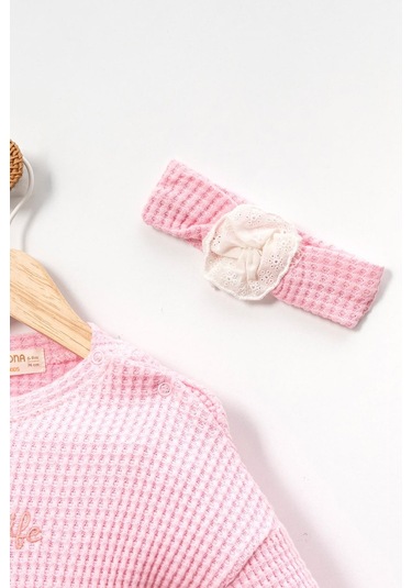 Dantel Detaylı Bandanalı Fırfırlı Yumuşak Doku Prenses 2'li Takım Pembe
