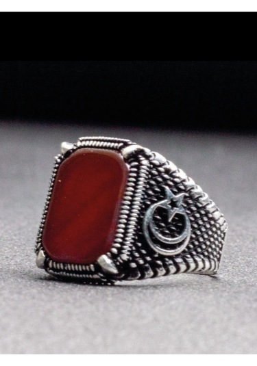 Gümüş Ay Yıldız Desenli Kare Akik Taşlı Erkek Yüzük