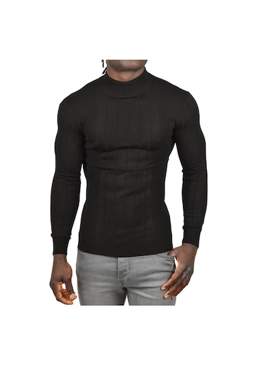 Deepsea Erkek Siyah Yarım Balıkçı Yaka Çizgili Tüylenmeyen Slim Fit Triko Kazak 2505491 Siyah