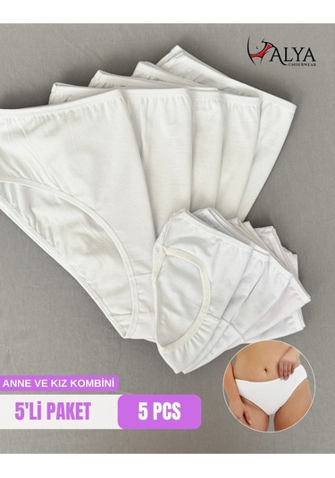 Alya Underwear Anne Kız Kombin Pamuklu Külot - Beyaz Slip İç Çamaşırı - 5'li Paket Beyaz-p05