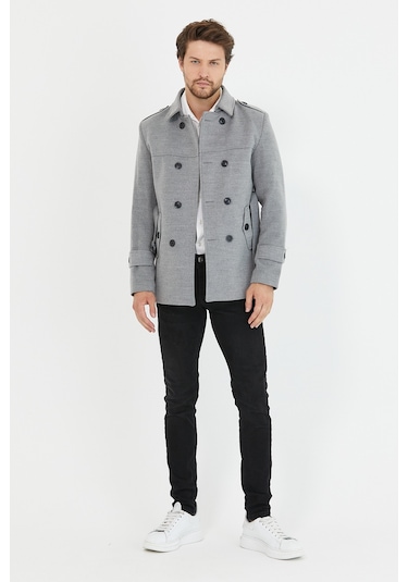 Mero Life Erkek Açık Gri Kemerli Kaşe Kaban Trenç Model Açık Gri