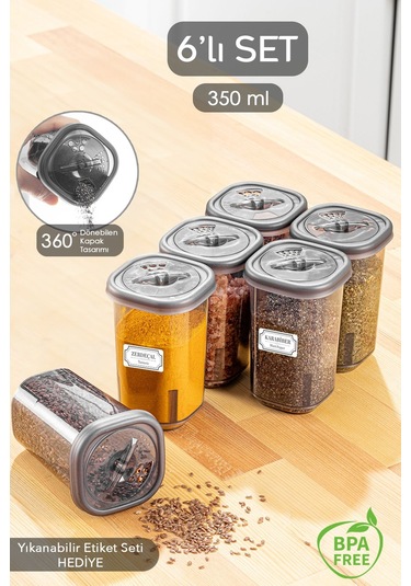 6'lı Etiketli Ve Kilitlenebilir Hava Almaz Kapaklı Baharatlık Seti - Baharatlık Gri Antrasit