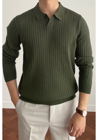 Cool Tarz Erkek Polo Yaka Triko Kazak Slim Fit Fitilli Haki