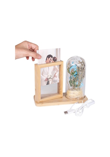 Kişiye Özel Led'li Ahşap Güllü Cam Fanus Çerçeve