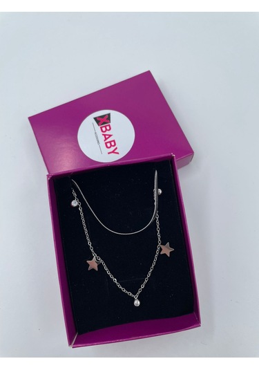 Xbaby İkili Yıldız Taşlı Çelik Gümüş Renk Kolye Gümüş
