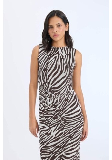DeFacto Bodycon Vücudu Saran Yarım Balıkçı Yaka Zebra Desenli Tül Kolsuz Midi Elbise E2903AX25SPBN527