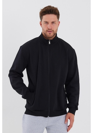 MMetalic İçi Pamuklu Fermuarlı Dik Yaka Yan Cepli Siyah Erkek Hırka 001