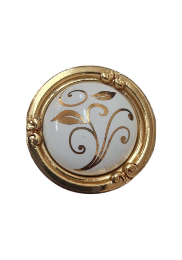 Porselen Düğme Kulp Metal Gold Beyaz Desenli / 5 Adet Altın