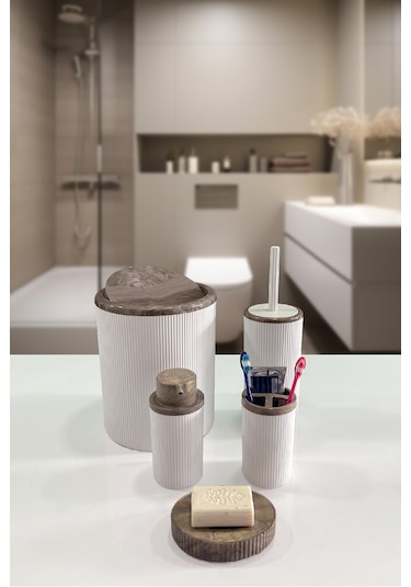 Biltaş Plastik Auaro 5 Parça Beyaz Çizgili Kahverengi Akrilik Desenli Yuvarlak 5'li Banyo Seti Beyaz