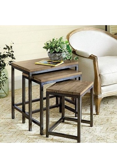 Wae Doğal Masif Panel Ahşap Metal Ayaklı Zigon Sehpa Siyah