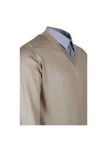 Erkek Yünlü Kazak V Yaka Normal Klasik Kesim Krem Renk Rar00815