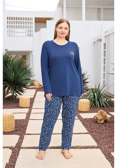 Aydoğan Kadın İnci Büyük Beden İndigo Mavi Pijama Takımı 0494 Mavi
