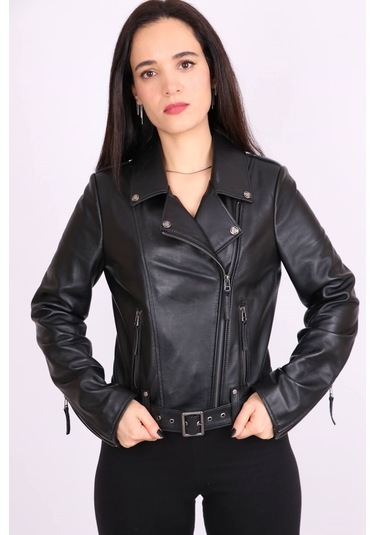 Siyah Hakiki Deri Yakalı Kemer Detaylı Spor Kısa Mont