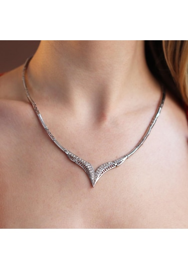 V Model Taşlı Gerdanlık Gümüş