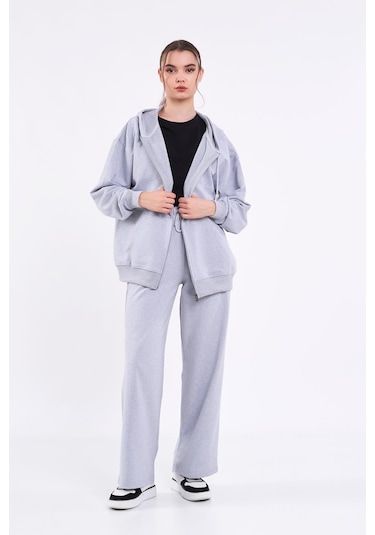 Kadın Gri Normal Kalıp Basic Beli Lastikli Kapüşonlu Oversize Mevsimlik Alt Üst Eşofman Takımı Cmre7367 Gri