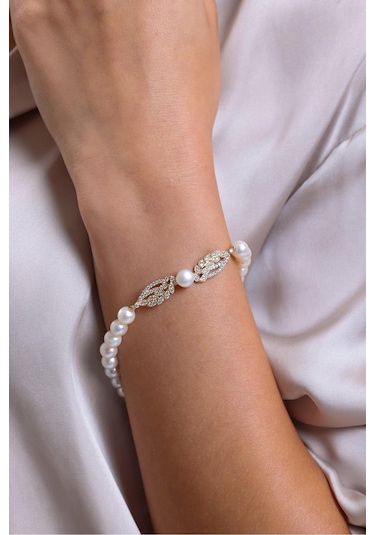 6,5 Mm Yaprak Detay Taşlı Doğal İnci Bileklik 23 Cm / Rose Rose Pembe Altın