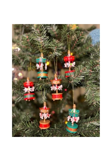 6'lı Mini Ahşap Atlıkarınca Yılbaşı Süsü - Nostaljik Carousel Dekor Seti 001