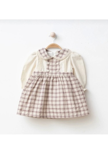 Düğme Detaylı Kareli Kız Bebe Elbise Açık Bej