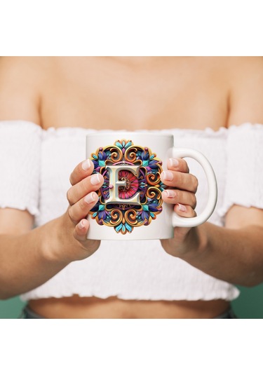 E Harfi Boho Bardak, Renkli Özel Tasarım Hediyelik Harfli Kupa, 330ml Porselen Beyaz