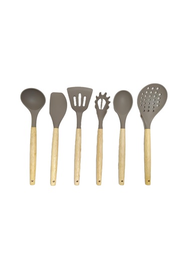 Ivory Doğal Bambu Saplı %100 Silikon Mutfak Seti 6 Parça Kahve