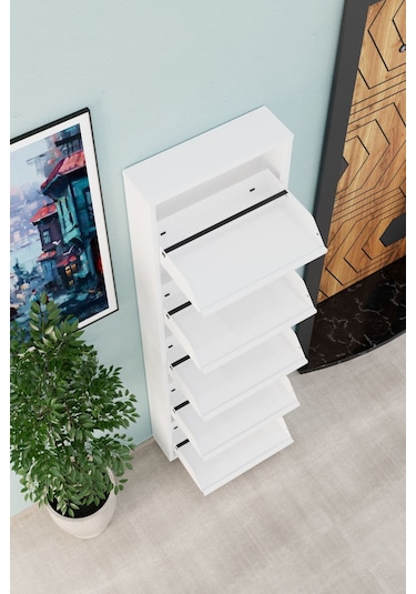 5 Kapaklı Metal Ayakkabılık Beyaz Beyaz