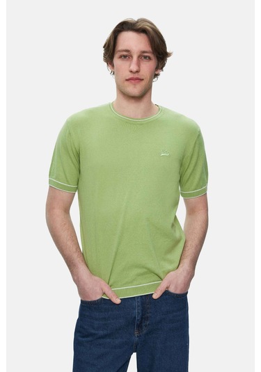 Fared Duman Yeşili Bisiklet Yaka Triko Nakışlı Standard Fit Erkek Tshirt Duman Yeşili