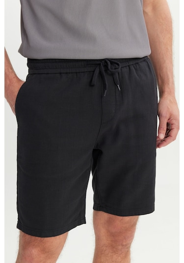 Erkek Sıyah %100 Pamuk Comfort Fit Beli Bağlamalı Flamlı Yan Cep Şort Siyah